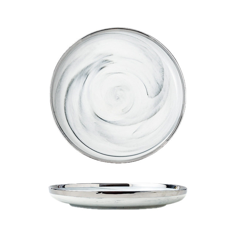家用陶瓷饭碗鱼盘居家菜盘北欧餐具牛排盘大理石银边跨境陶瓷餐具