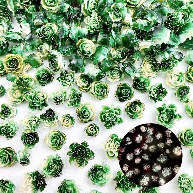 夜光抖音爆款绿色系花苞玫瑰美甲饰品仿真牡丹复古渲染指甲材料包