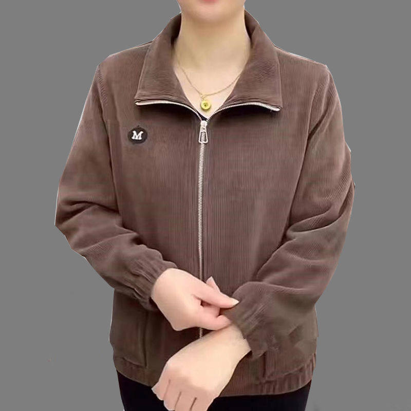 妈妈外套女2023秋冬新款灯芯绒长袖大码中老年上衣宽松休闲纯色款