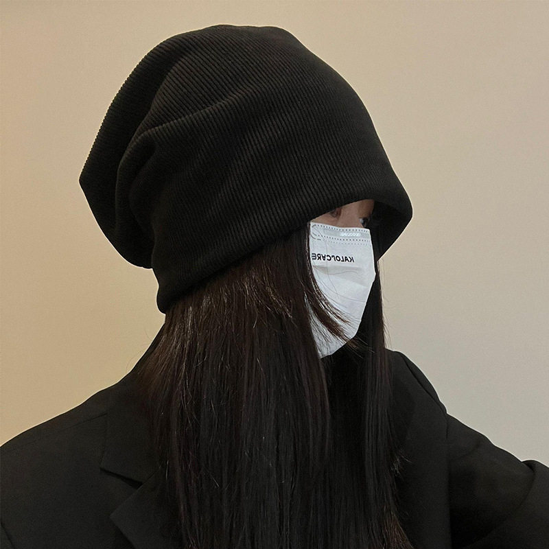 大头围宽松帽子女秋冬灯芯绒堆堆帽纯色复古百搭冷帽套头帽成人