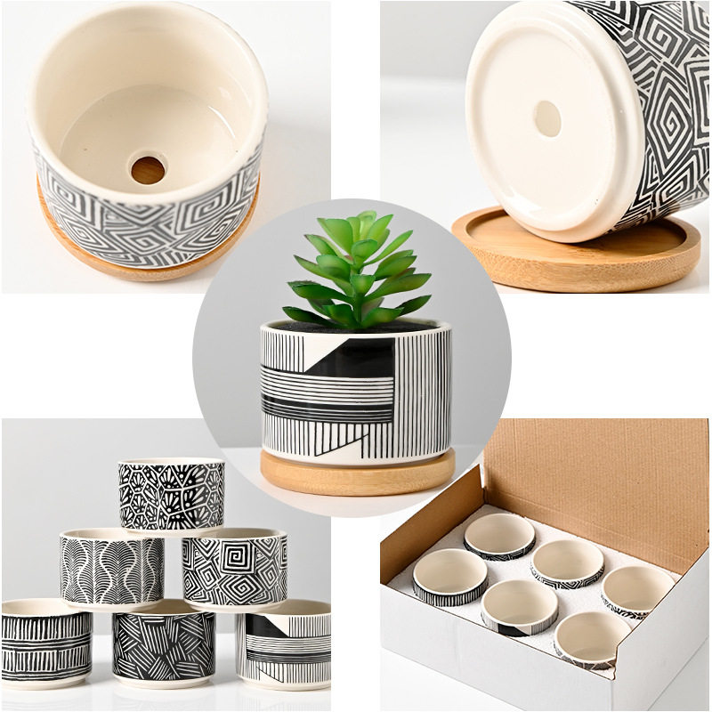 外贸陶瓷多肉花盆托盘室内桌面盆景摆件创意文案logo跨境陶盆批發