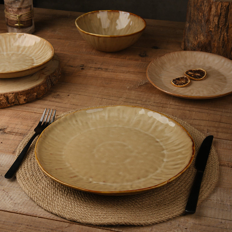 跨境专供日式复古风成人碗碟套装圆形窑变釉轻奢复古陶瓷碗