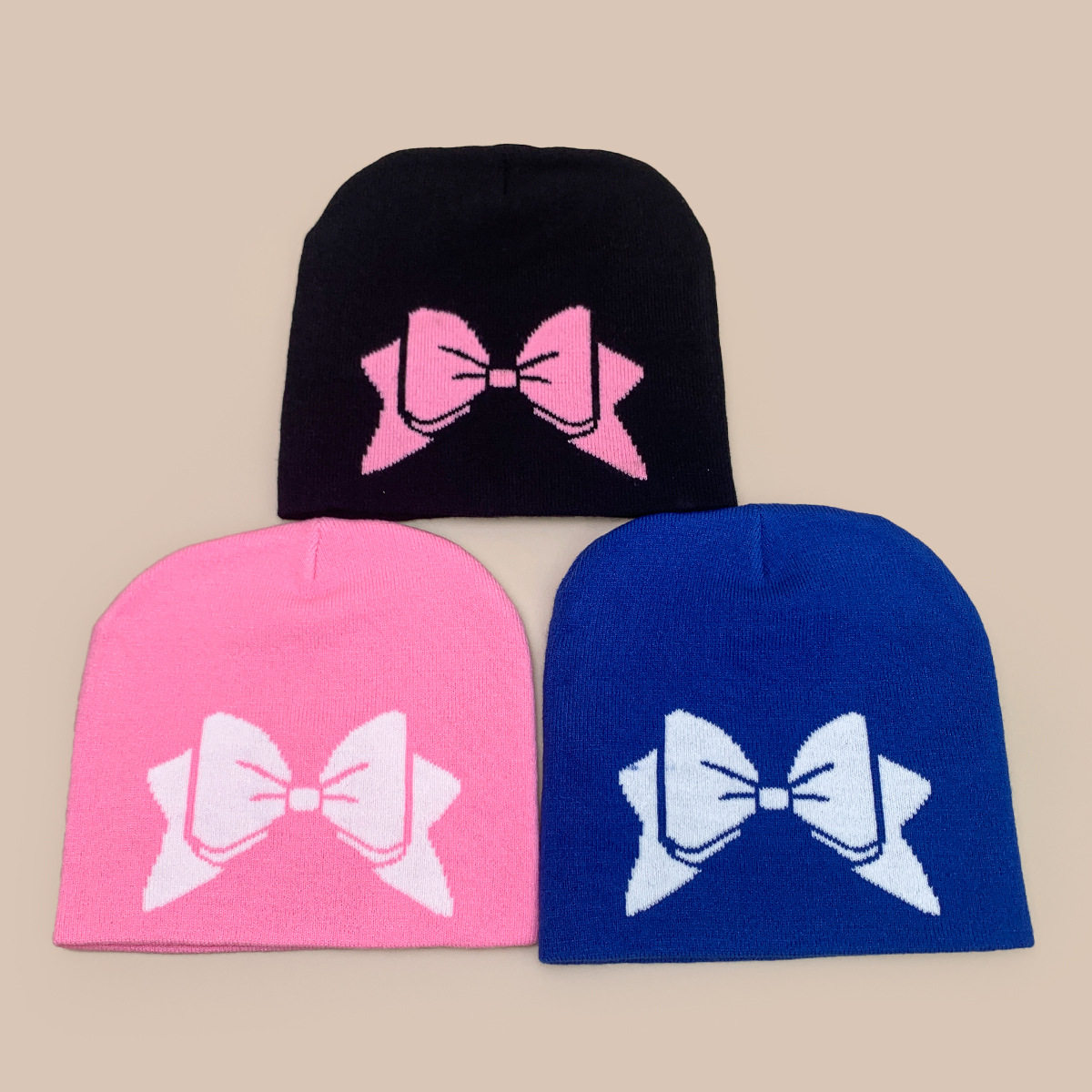 韩版蝴蝶结蝴蝶提花针织帽女士保暖休闲复古拼色冷帽套头帽子批发