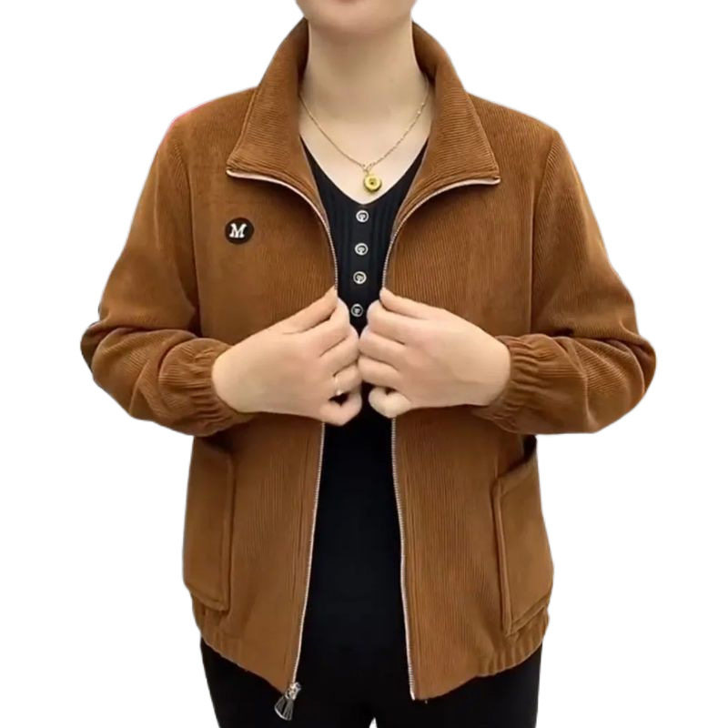 妈妈外套女2023秋冬新款灯芯绒长袖大码中老年上衣宽松休闲纯色款