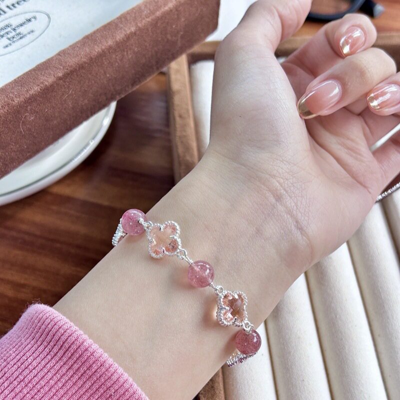 Lucky Bloom Bracelet — Strawberry Quartz Four-Leaf Clover