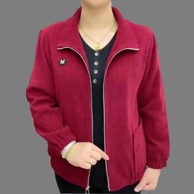 妈妈外套女2023秋冬新款灯芯绒长袖大码中老年上衣宽松休闲纯色款