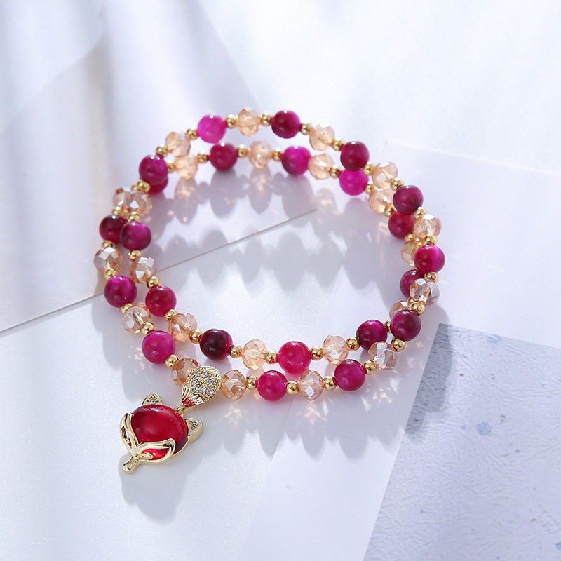 Natural Rosy Tiger's Eye Crystal Bracelet Double - layer Little Fox Bead String