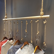 Clothing Store Furnishing Shelves Hanging Suspended Ceiling Hanging Rack Rings Hanging Hanger Hemp Rope Wooden Stick Hanger