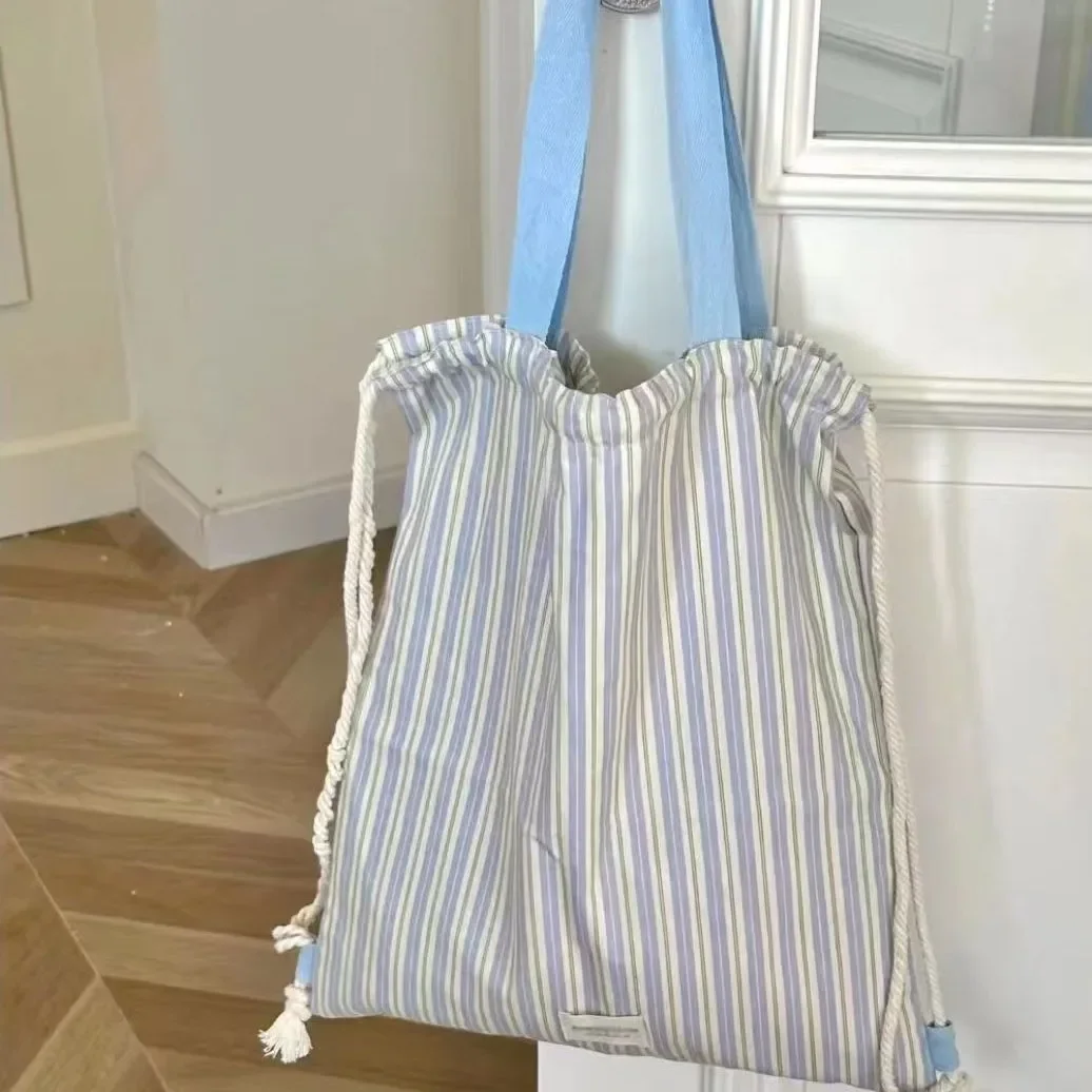Striped contrast color small fresh canvas bag for class commuting bag high-value one-shoulder tote bag drawstring backpack backpack