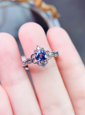 天然坦桑石戒指女指环纯银镀白金