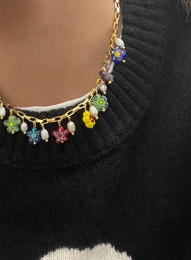 CC宋妍霏新款国潮琉璃彩花淡水珍珠拼接金色项链个性百搭锁骨链女