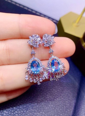 流苏款天然瑞士蓝托帕石耳坠