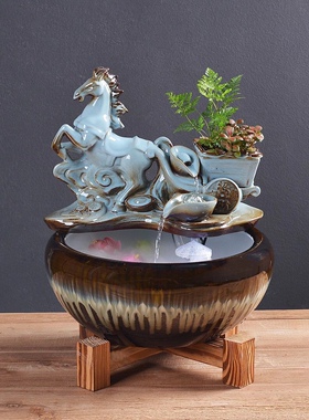 禅意风陶瓷喷泉鱼缸盆景加湿器
