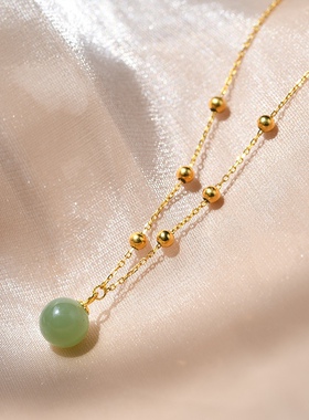 天然和田玉圆珠吊坠S925高级感纯银独特项链女锁骨链复古民族风