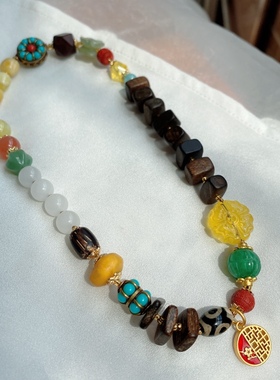 沉香木多圈手串蜜蜡多宝手链复古随性和田玉方块珠子三眼玛瑙个性