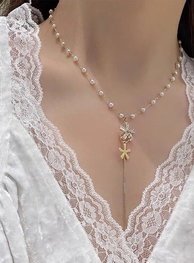 韩国超仙珍珠锆石花朵森系锁骨链