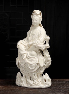 陶瓷摆件《坐岩自在观音菩萨像》王秋芳雕塑观世音菩萨佛像