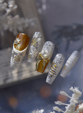 新款圣诞节浮雕美甲贴纸烫金色白色镂空雪花圣诞树指甲装饰品贴片