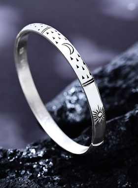 纯银日月星辰开口实心古法手环