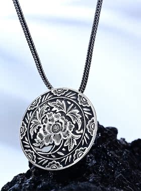 古风吊坠纯银项链项坠牡丹花挂件