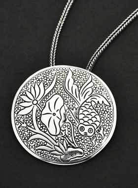 990纯银饰品吊坠圆形金鱼荷花足银项坠古典项链挂件文艺男女配饰