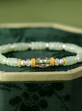 觉人翡翠竹节白水晶黄金手链女