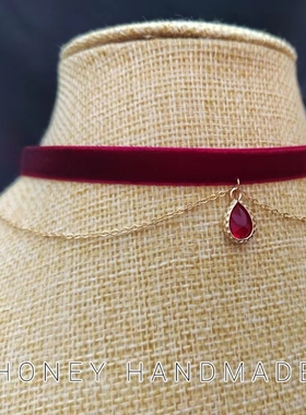 圣诞节秋冬喜庆酒红色短颈链优雅带吊坠原创设计女颈圈晚宴配饰