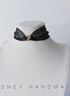 Vintage古着 原创法式白色蕾丝choker颈带氛围感蝴蝶项链超仙颈链