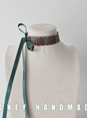 中古英伦风绿格波浪边学院风蝴蝶结系带项圈choker格纹小众饰品