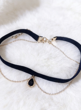 复古黑色丝绒水滴吊坠颈链个性黑美人性感链条锁骨链项链短颈链