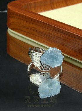 S925银海蓝宝原石开口可调女戒