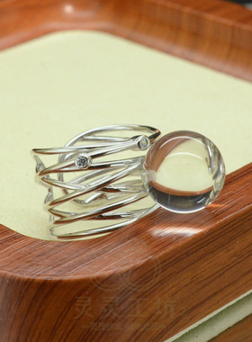 灵露白水晶S925银镶钻开口戒指