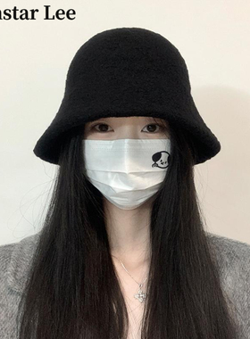 MonstarLee大头围渔夫帽子女冬季黑色百搭保暖显脸小毛绒水桶盆帽