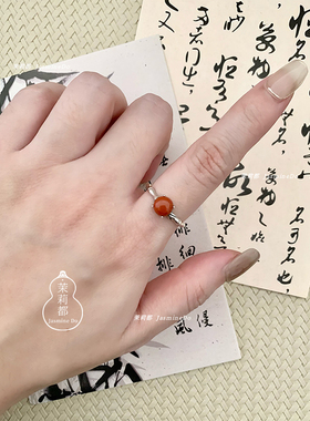 天然南红玛瑙和田玉竹节戒圈小竹叶通体s925银活口戒指国风指环