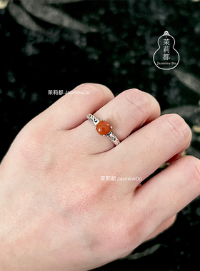 复古祥云纹 天然南红玛瑙 通体s925银 活口戒指国风指环女