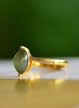 天然和田玉碧玉猫眼戒指925银镶和田玉猫眼戒指新年礼物送女友