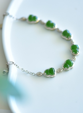 和田玉碧玉葫芦手链女款925银镶嵌菠菜绿福禄如意葫芦手链送女友