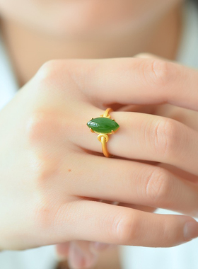 天然和田玉碧玉马眼戒指925银镶碧玉棱形戒指新中式国风送女友