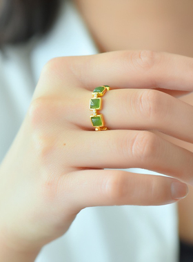 和田玉碧玉戒指苹果绿方形活口戒指925银镶嵌碧玉戒指男女款大方
