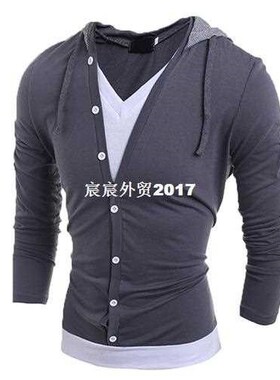 Fashion Men's V Neck Long Sleeve Hooded T-Shirt Buttons