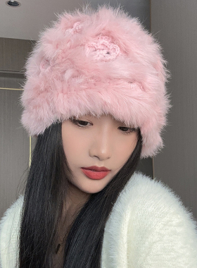 秋冬花蕊帽钩花兔毛帽子