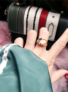 复古轻奢高级感小众设计925纯银黄水晶食指夸张个性宝石戒指环女