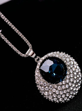 蓝色宝石闪钻水晶时尚百搭毛衣链