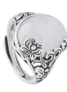 复古925银和田玉玛瑙开口戒指女