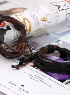 黑色多层真皮编织手链