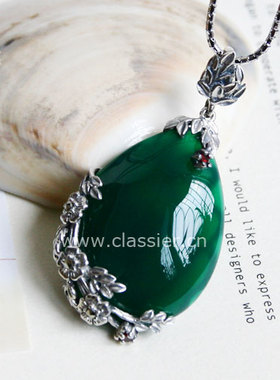 天醉复古石榴石女款吊坠手工泰银