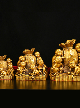 纯铜五只猴子运财送福中式摆件