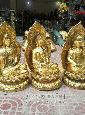 黄铜精工带背光西方三圣供奉佛像