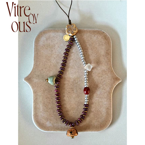 VITREQYOUS 可爱狗头花花爱心银紫原创设计手机配饰挂件 - 图3