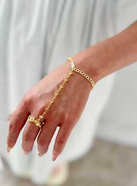 跨境时尚连指手链多功能一体潮流链条手背环彩钻流苏长款拼接手链